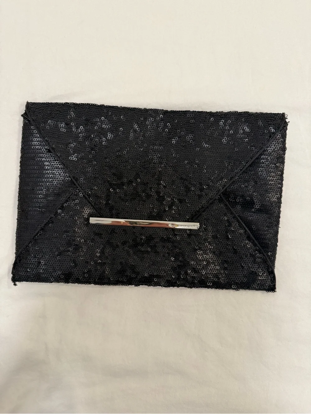 BCBGMaxAzria Black Sequin Envelope Clutch with Silver Bar
